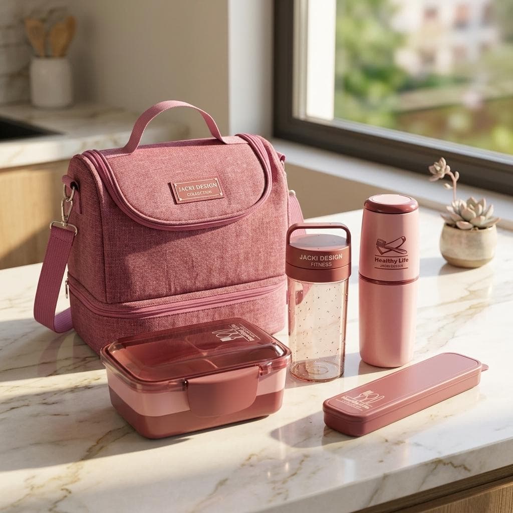 Kit Bolsa Térmica 2 Compartimentos com Copo, Marmita, Porta Talher e Porta Escova