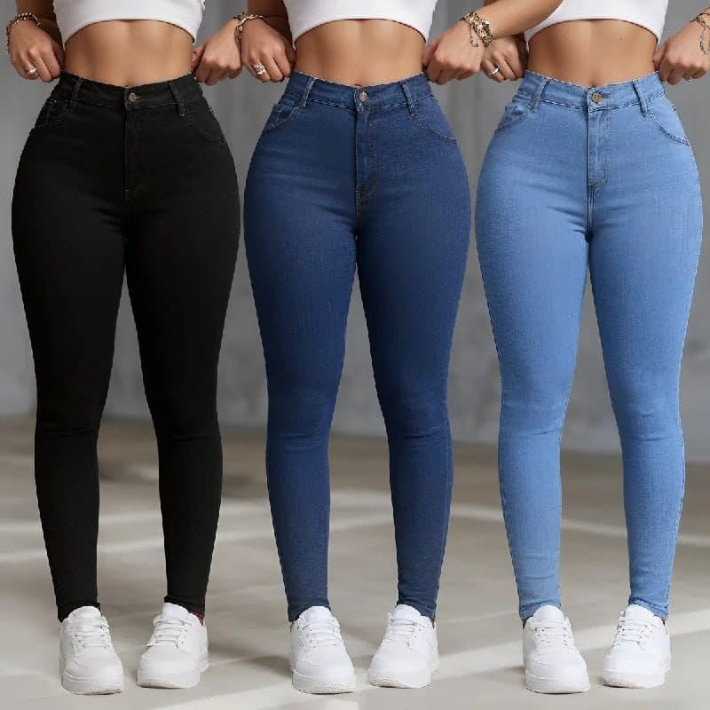 Kit 3 Calças Jeans Feminina Skinny Cintura Alta com Elastano