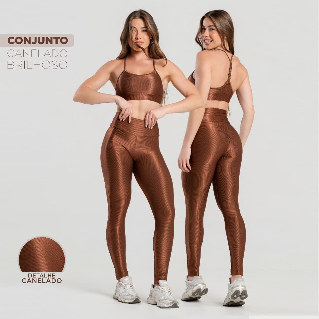 Conjunto Fitness Feminino Trilobal Canelado Top Alcinha e Legging Cós Alto Modelador Brilhoso